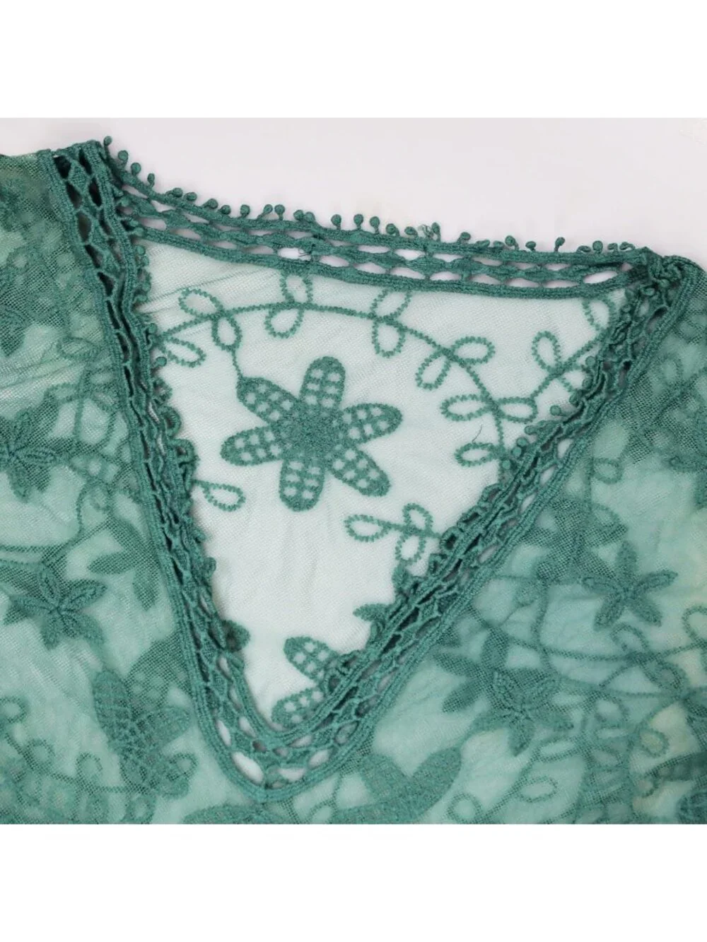 Women's Green Rayon V-Neck Coverup Sheer Mesh Lace Bathing Suit Swimsuit Coverup